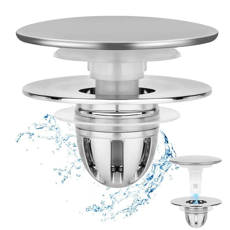 Universal Pop-Up Bathroom Sink Stopper Odor-Resistant Press-To-Close Drain Plug Hair Catcher Strainer for Washbasin Accessories Oasis Select