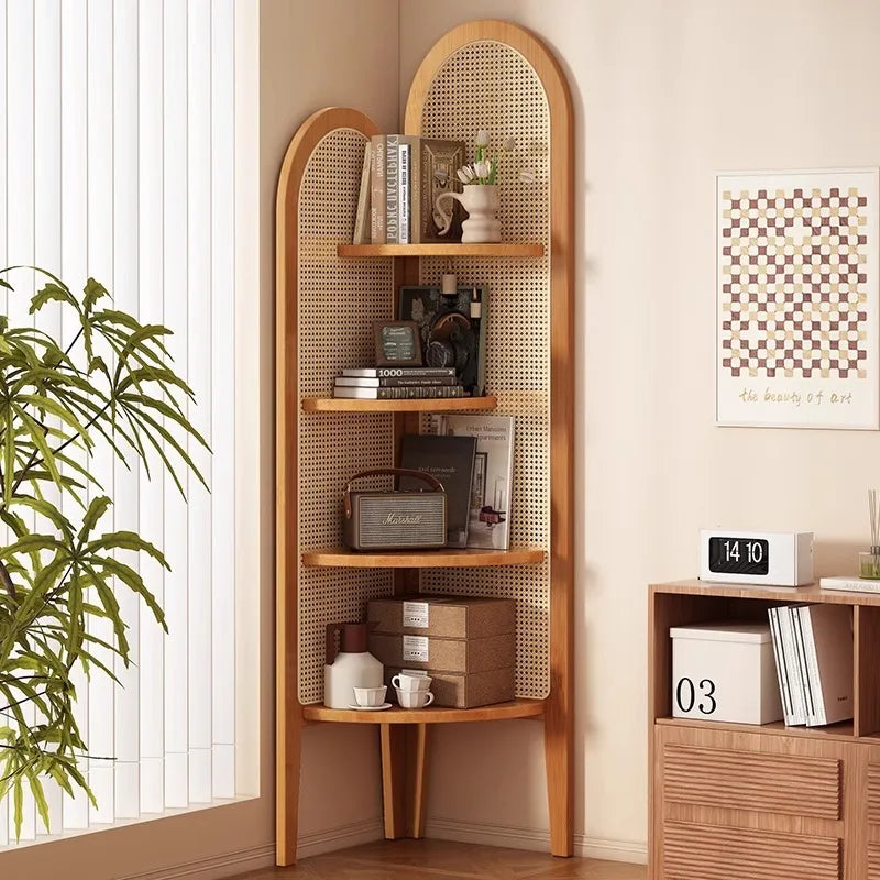 Chinese retro rattan corner decoration shelf, living room sofa wall edge book cabinet, bedroom solid wood triple crutch screen Oasis Select