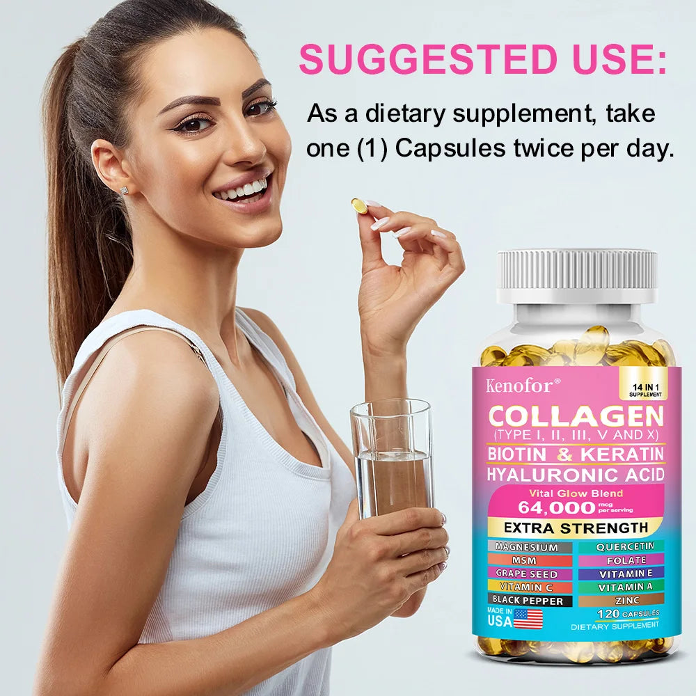 Multi Collagen Capsules - Types I, II, III, V & X Biotin Keratin Hyaluronic Acid MSM Zinc Magnesium,Hair Skin and Nails Vitamins Oasis Select