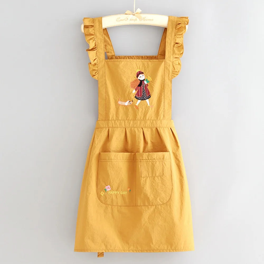 Cartoon Kitchen Apron Princess Style Waterproof Cooking Baking Bibs Cross Back Anti-fouling Florist Shop Work Clothes for Women Oasis Select Yellow
