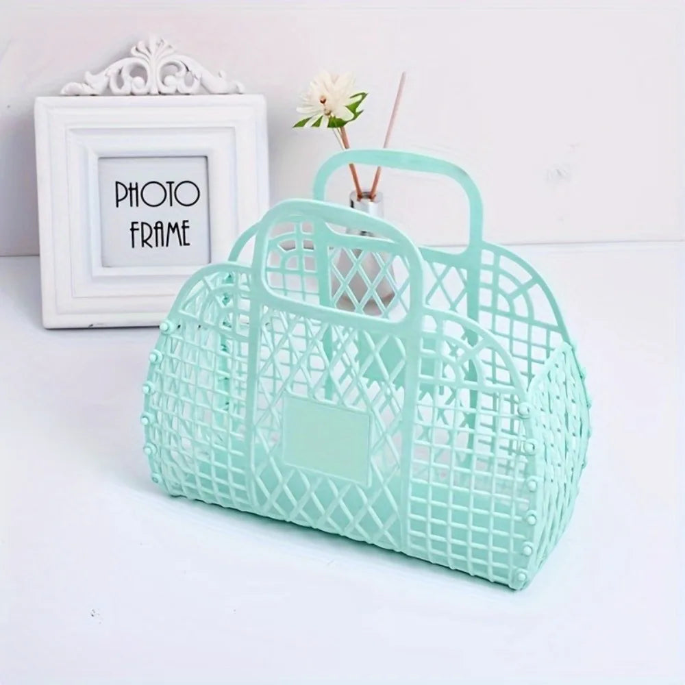 Collapsible Plastic Storage Basket Bag, Casual Open Travel Cosmetic Organizer with Dual Handles Design, Hand Wash Beach Bag Oasis Select green