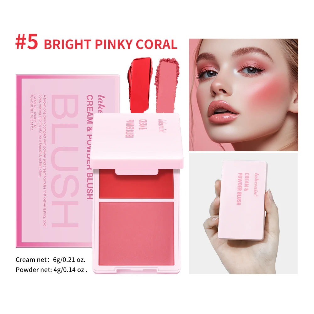 Lakerain 2 IN 1 Cream & Powder Blush Long-Lasting Wearing High Pigment Natural Pink Blusher Waterproof Matte Blush Makeup Oasis Select 5Bright Pinky Coral