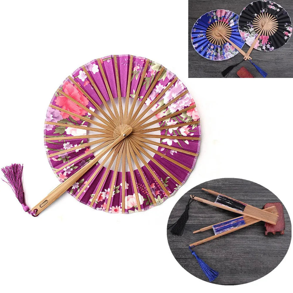 New Japanese Sakura Flower Pocket Folding Hand Fan Round Circle Party Decor Gift Bamboo Windmill Folding Fan Chinese Fans Oasis Select