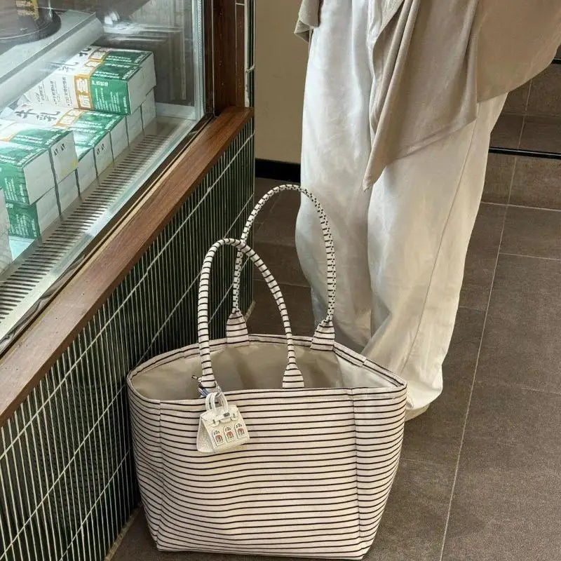 Canvas Tote Bag For Women Large Capacity Striped Plaid Polka Dot Shoulder Bag Reusable Shopping Handbag For Work Travel Beach Oasis Select
