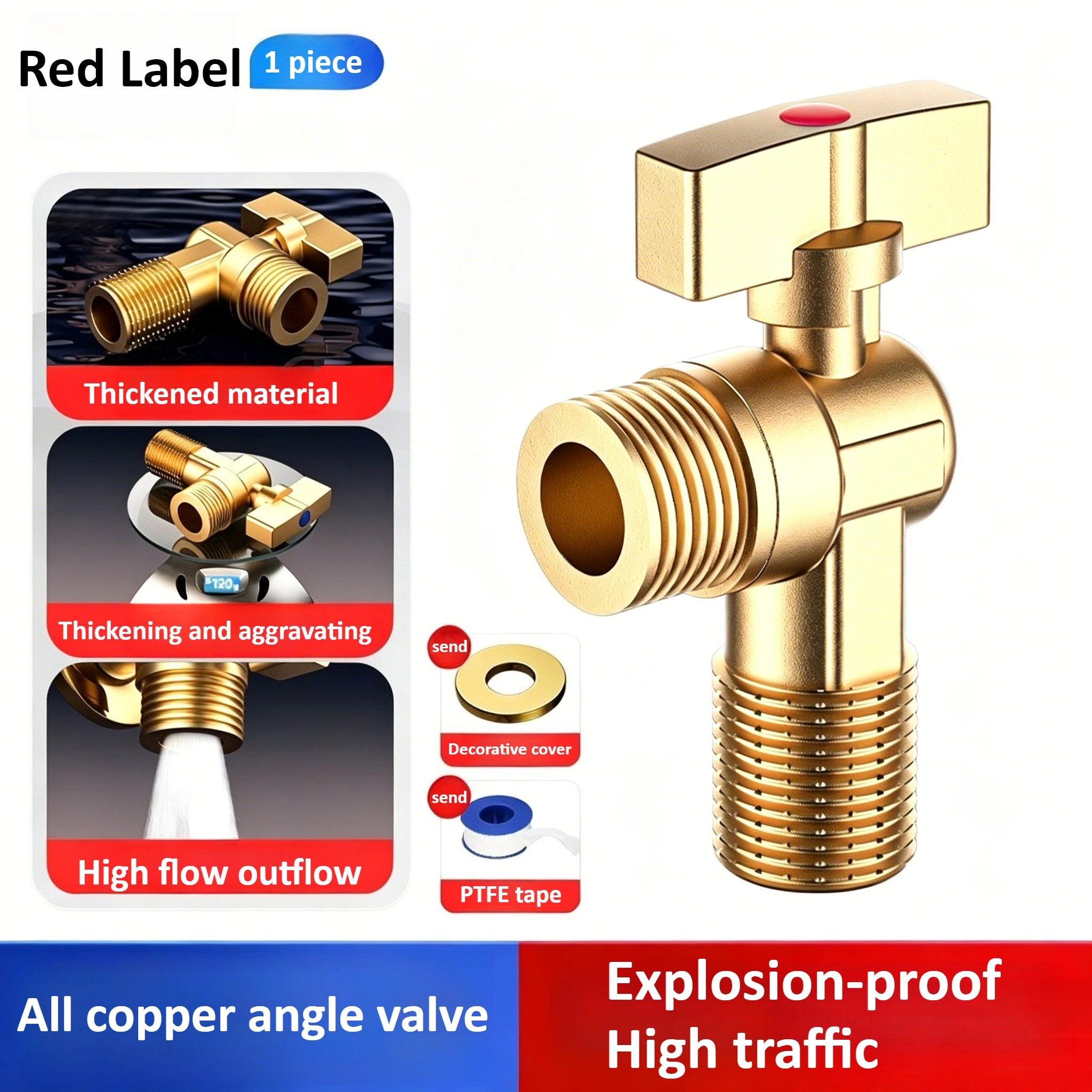 Brass Large Flow Water Stop Valves Hot and Cold Water G1/2" with Handle Bathroom Kitchen Sink Durable Stop Valve Oasis Select Red Hot Water High flow ball valve