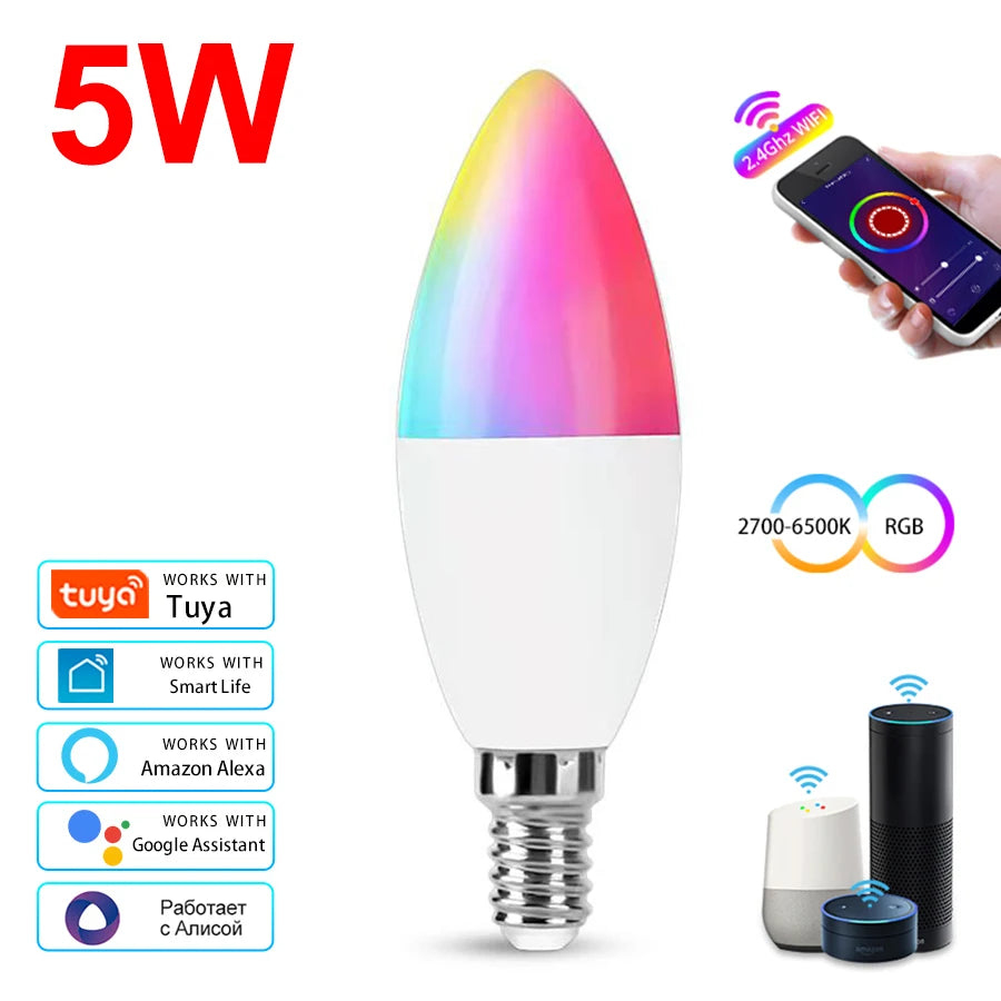 Tuya Smart WiFi LED Bulb E14 Candle Light 220V 9W 7W 5W RGB Dimmable Lamp APP Voice Control Works With Alexa Google Home Decor Oasis Select 5W E14
