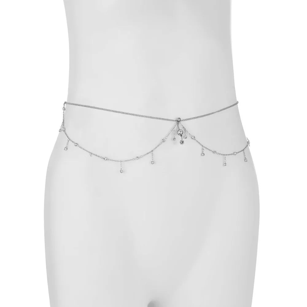 Water Drop Pendant Boho Waist Chain Double Layer Sparkling Zircon Belly Waist Chain Gold Silver Color Tassel Oasis Select Silver
