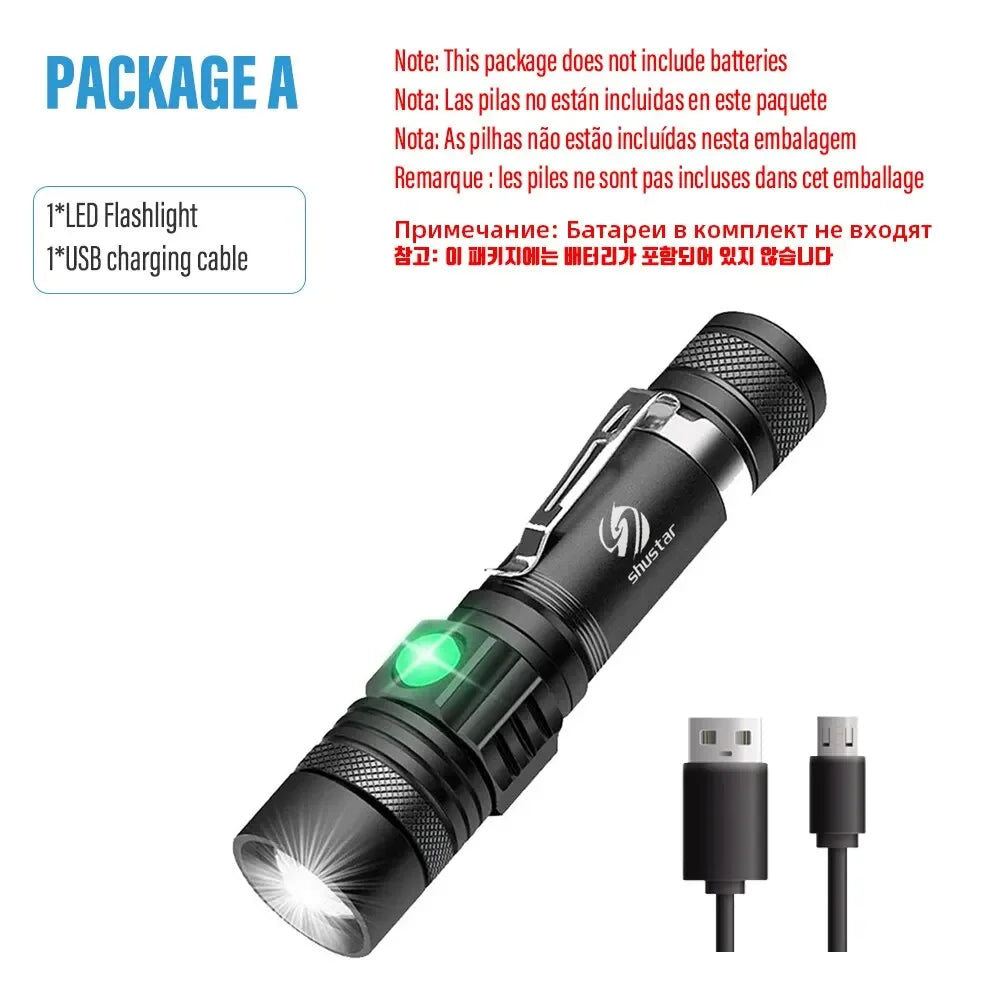 High Power Led Flashlights Zoomable Camping Torch With T6 LED Lamp Beads Waterproof 4 Lighting Modes Multi Function USB Charger Oasis Select U518 Package A