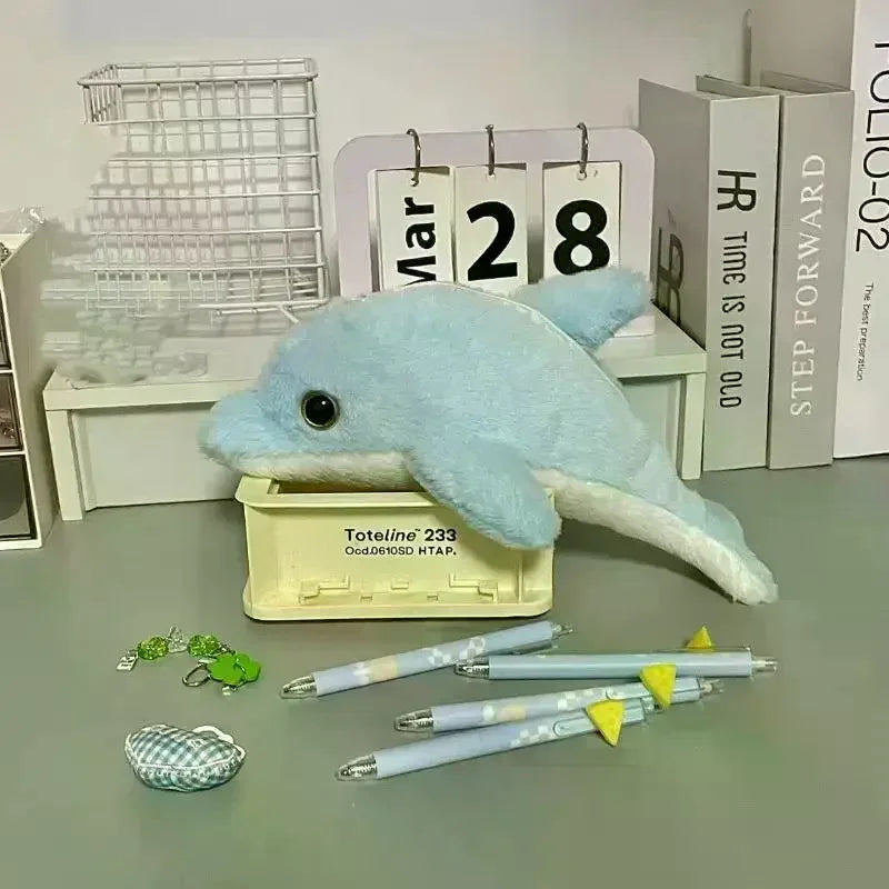 Cute Cartoon Little Dolphin Shark Plush Pen Case Large Capacity Stationery Storage Bag Pencil Case Multi Functional Plush Bag Oasis Select