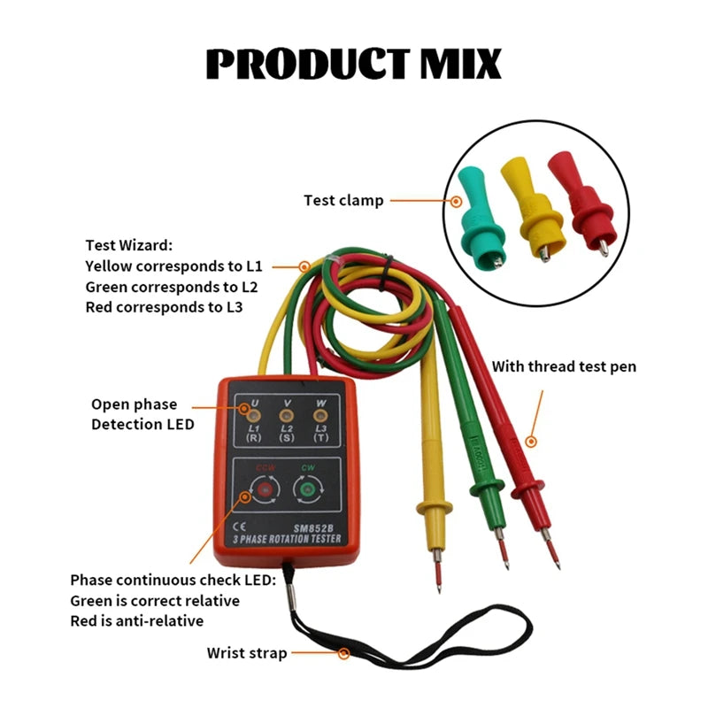 Indicator Meter Three Phase Rotation Indicator Meter Phase Sequence Tester LED Buzzer With Portable Pouch Oasis Select
