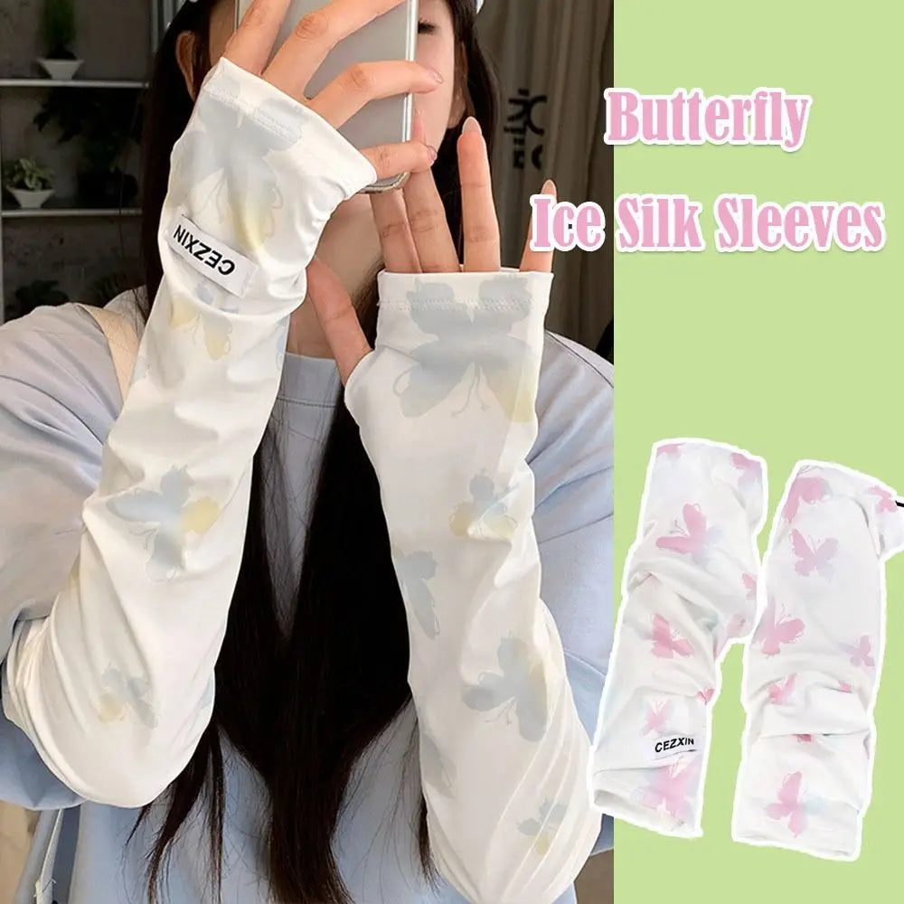 Fashion Butterfly Ice Silk Sleeves UPF50+ Long Arm Sleeve UV Protection Driving Arm Sleeves Oasis Select