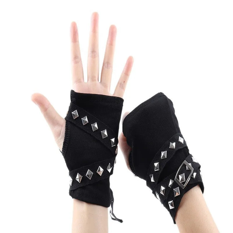 Wasteland Style Fashion Dopamine Black Abi Sleeve Set Women's Half Cut Open Finger Gloves Metal Buckle Dark Punk Ins Oasis Select Rivet style One Size