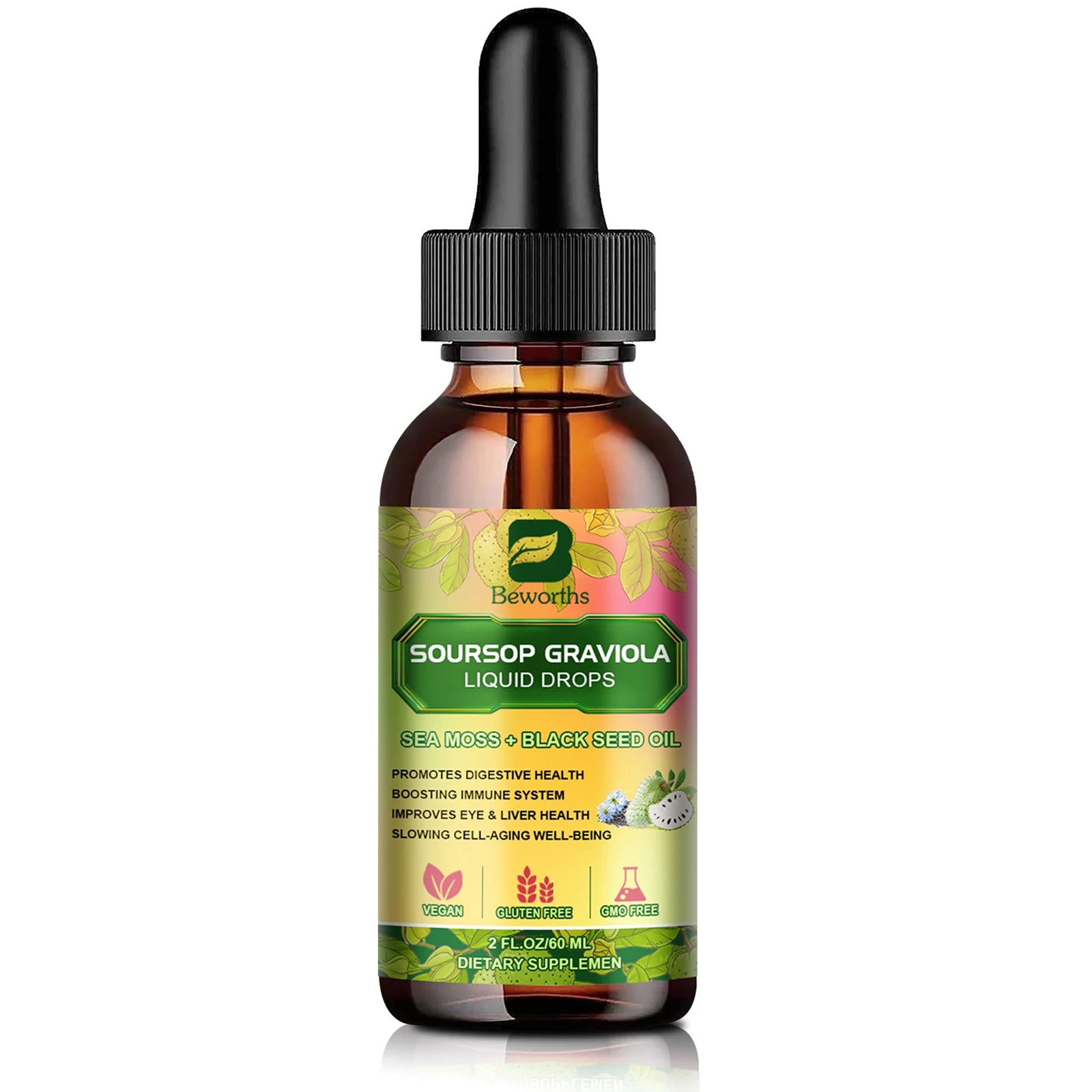 BEWORTHS 60ML Soursop Graviola Extract Drops Black Seed Oil Support Immunity and Kidney Health,Detox,Antioxidation Gluten-Free Oasis Select 60ml 5bottles United States