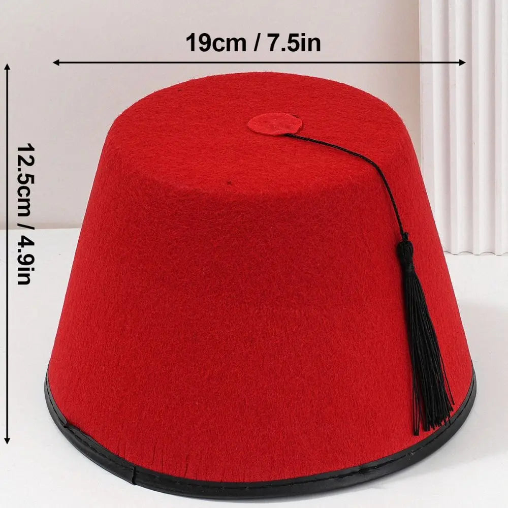 Round Felt Fez Cap Moroccan Hat Breathable Tarboosh Fez Hat Ottoman Red Color Turkish Tassels Cap Role Play Headwear Oasis Select