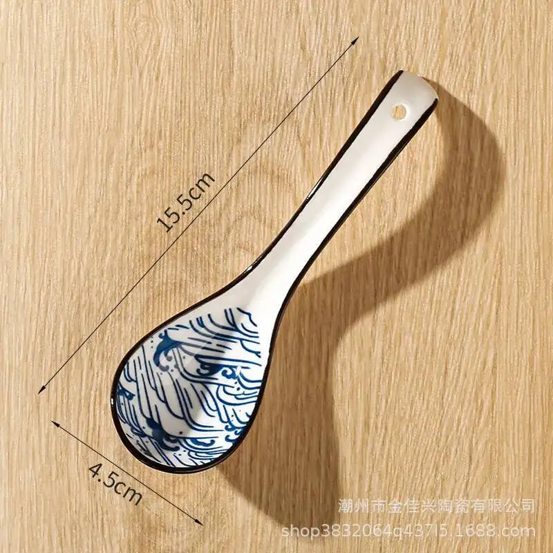 Japanese-style Small Blue And White Ceramic Spoon With Underglaze Decoration, Extended Length For Soup And Noodle Serving Oasis Select 2