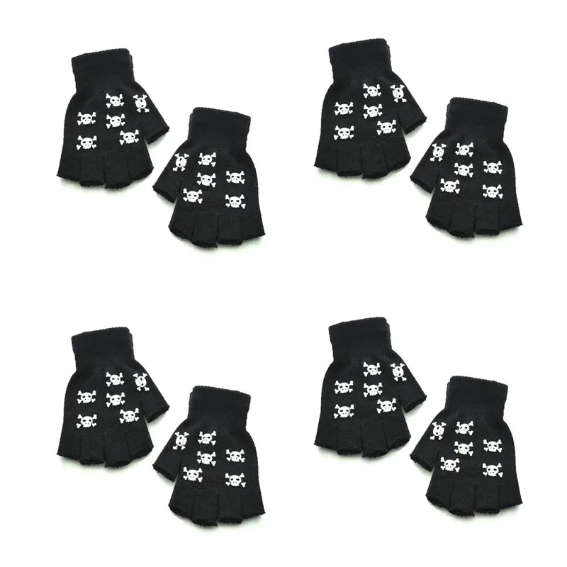 1/2/3/4pairs Adult Kids Halloween Skull Half-Finger Punk Gloves Winter Skull Fingerless Black Gloves Oasis Select 03-4pairs