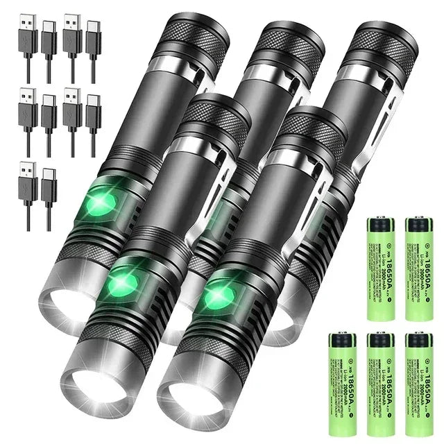 High Power Led Flashlights Zoomable Camping Torch with T6 LED Lamp Beads Waterproof 4 Lighting Modes MultiFunction USB Charger Oasis Select 5Pcs With battery