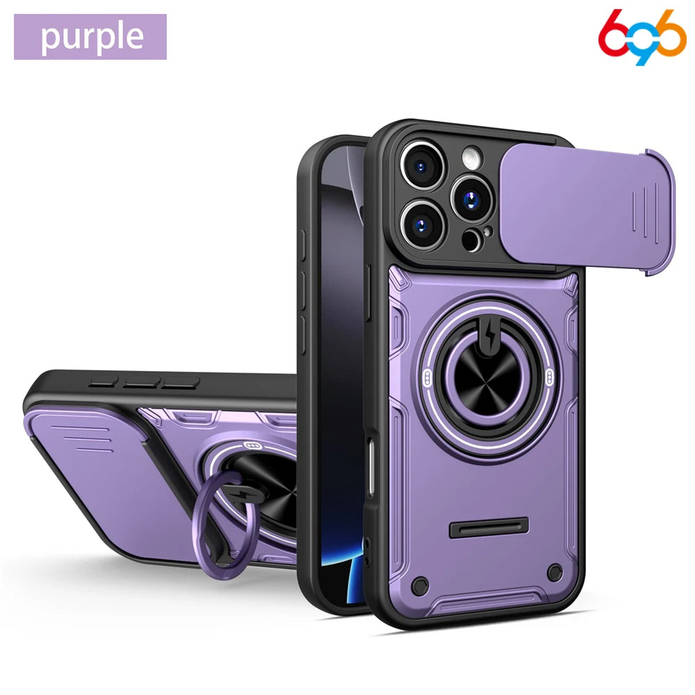 Drop-proof Case For IPhone 17/16 Pro/17 Pro Max Sliding Camera Lens Protector Magnetic Suction Car Ring Holder Hybrid Cover Oasis Select PU iPhone 16 Pro Max