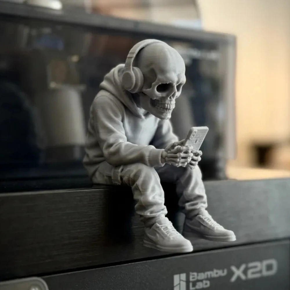 Cool Trendy Hoodie Skeleton Using Phone Ornament Figurine Skull Using Phone Edgy Desk Ornament Decor for Urban Minimalist Spaces Oasis Select Skeleton gray