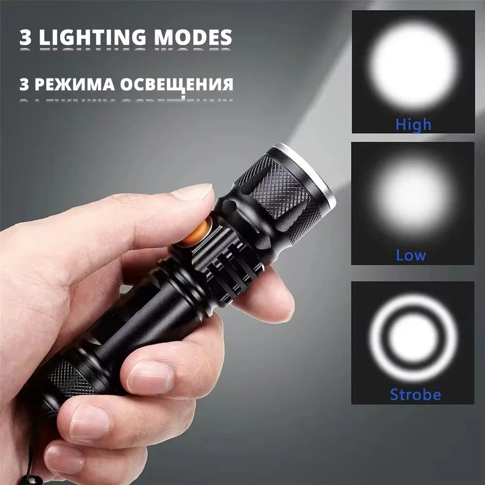 Powerful LED Flashlight With Tail USB Charging Head Zoomable waterproof Torch Portable light 3 Lighting modes Built-in battery Oasis Select
