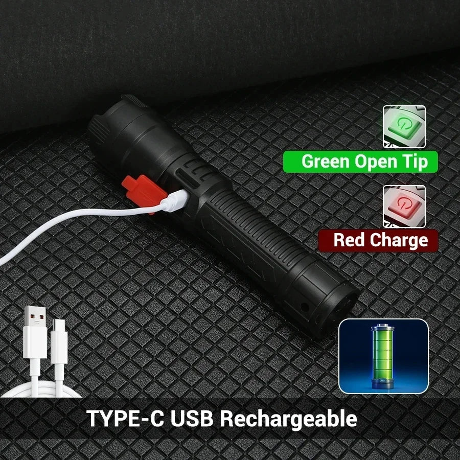 High Strong Power Led Flashlights 2000LM Tactical Torch with Display Light USB Charging Camping Fishing Emergency Zoom Lantern Oasis Select