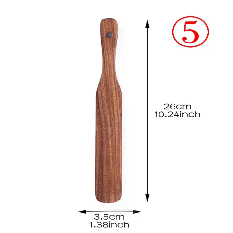7pcs/set Teak Natural Wood Tableware Spoon Ladle Turner Rice Colander Soup Skimmer Cooking Spoon Scoop Kitchen Reusable Tool Kit Oasis Select shovel 5