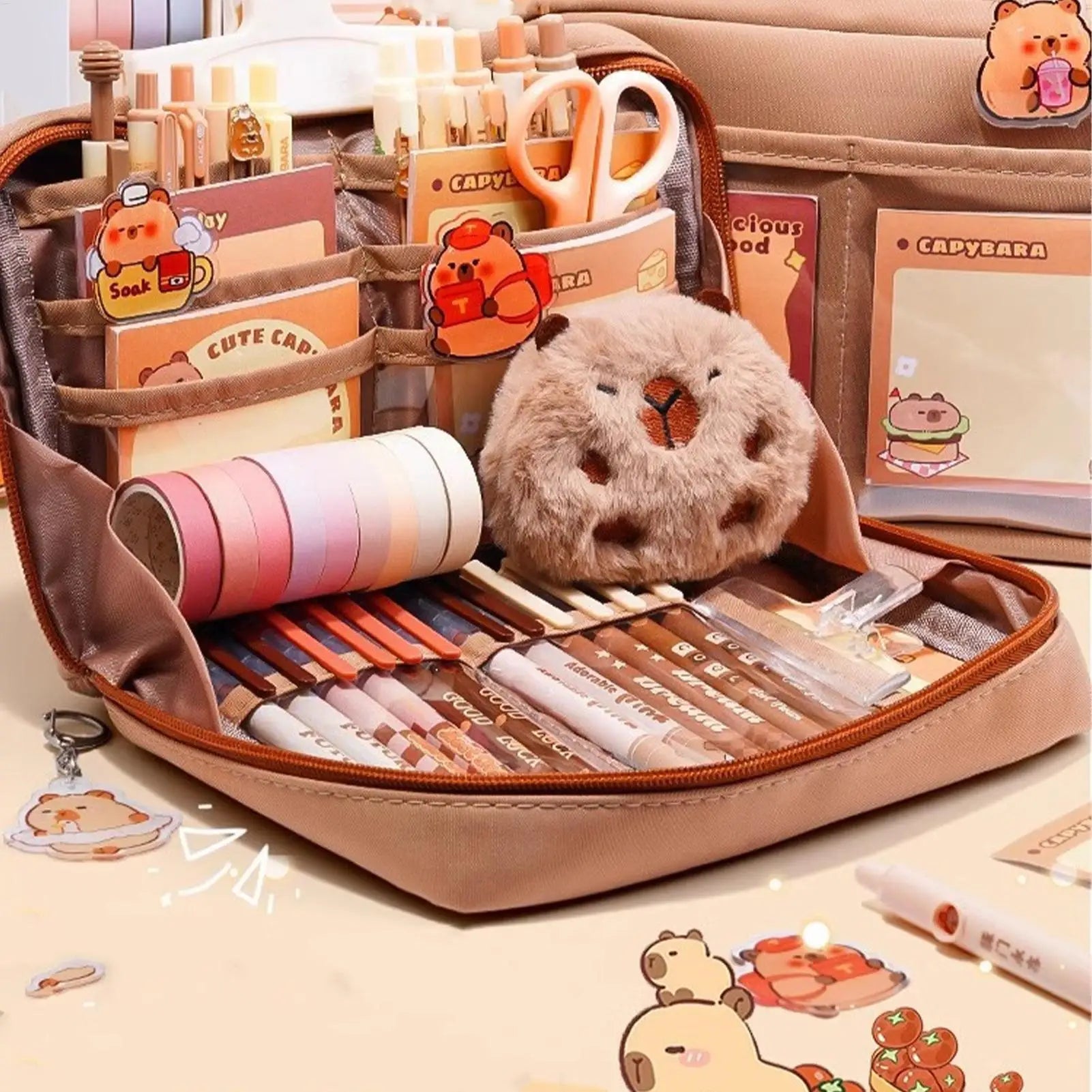 Capybara Stationery Set Portable Stationary Bag Cute Pencil Case with Pens Clips Rulers and More Wide Opening Pencil Organizer Oasis Select