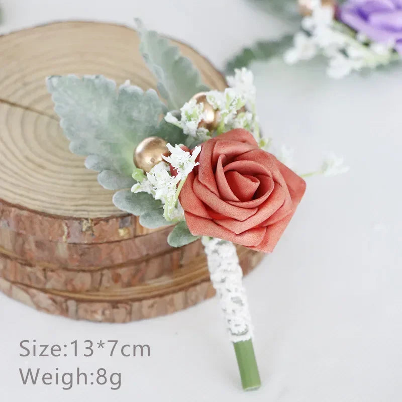 Boutonnieres Flowers Artificial White Roses Silk Ivory Corsage Buttonhole Groomsmen Boutonniere for Men Wedding Accessories Oasis Select Dark Orange