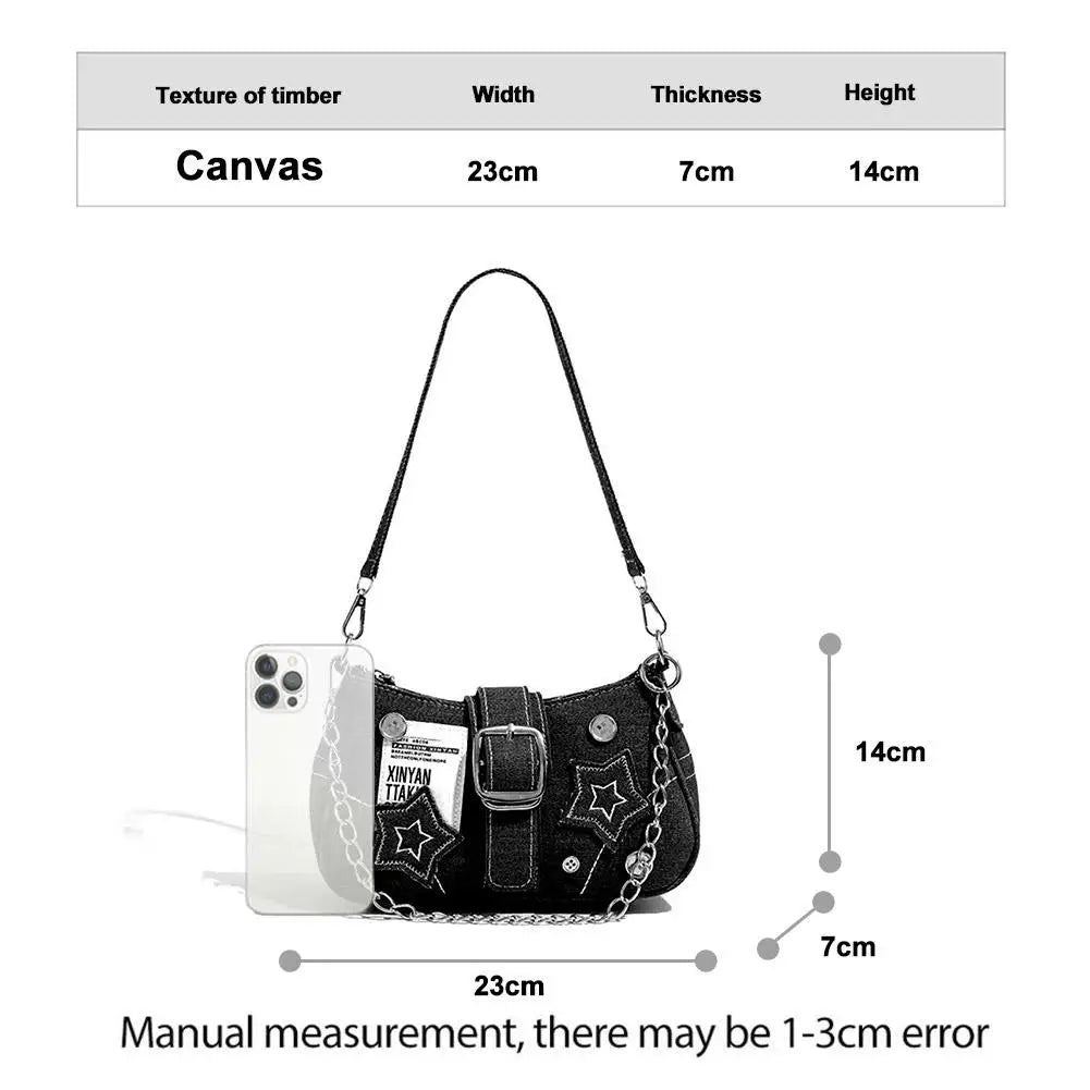 Y2K Canvas Star Pattern Women's Shoulder Bag | Chain Tote