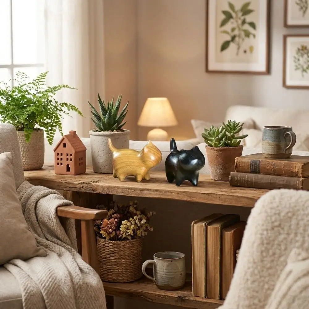 Handmade Wooden Cat Figurine with Bell | Natural Wood Decor Wood Cat Figurine Oasis Select