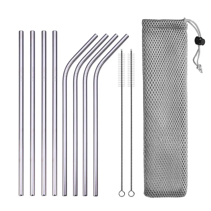 Reusable Drinking Straw 304 Stainless Steel Straws Straight Bent Metal Straw with Cleaner Brush Pouch Wholesale Oasis Select E Silver with bag