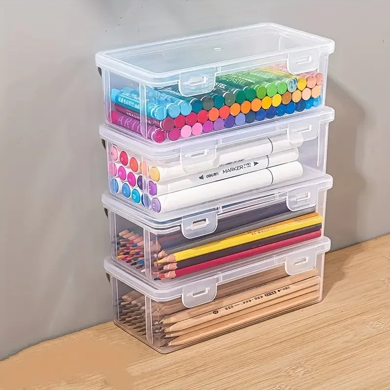 4 large transparent PP storage boxes with lids, used for storing office supplies, pencils, and crafts Oasis Select