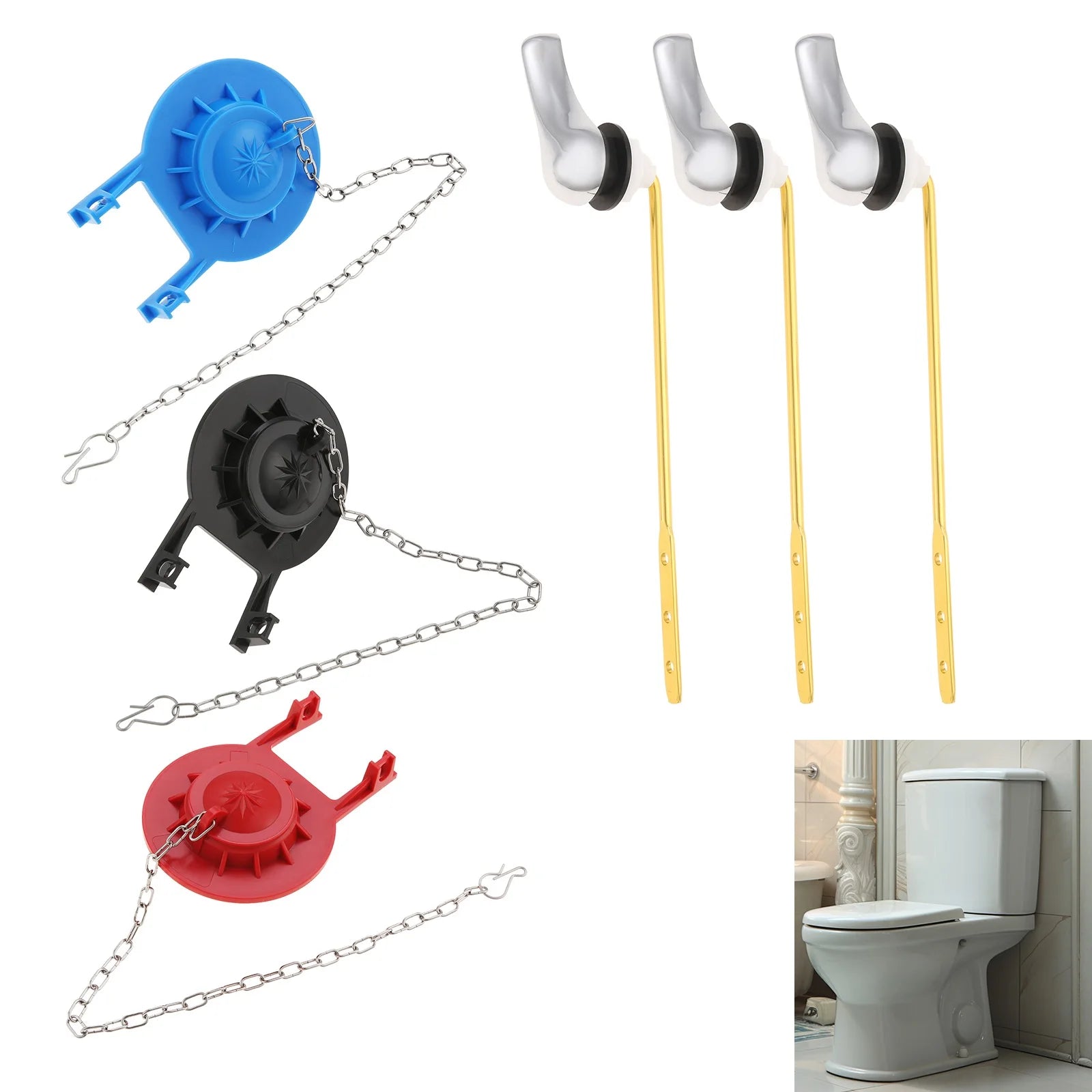 1Set Toilet Tank Handle & Red Flapper Kit,Fits 2" Flush Valves,Brass Plated Plastic,Stainless Steel Chain,Front Mount Tool-Free Oasis Select