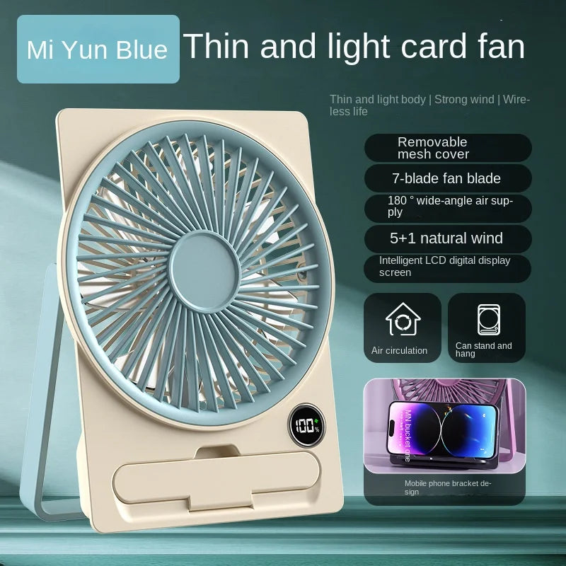 Ultra-thin Desktop Fan Digital Display USB Charging Strong Wind Portable Silent Card Style Fan Dormitory Office Summer Small Fan Oasis Select Blue