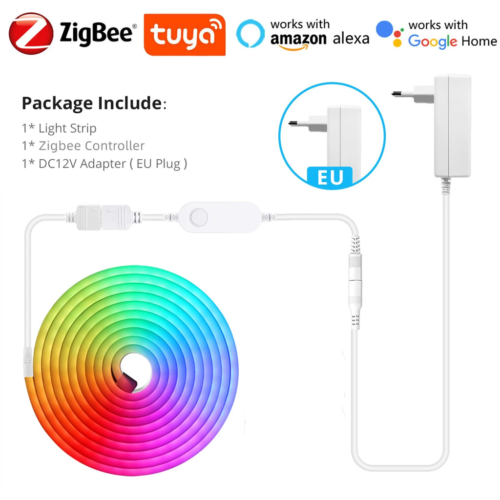 2/3/5m Popular Zigbee RGB Controller Tuya APP Remote Control LED Neon Strip Lights for Room Romantic Atmosphere Deocrative Lamp Oasis Select European Power Plug 2m