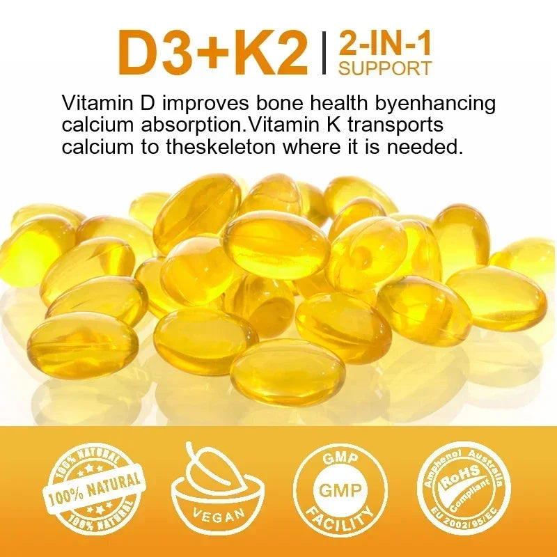 Vitamin D3 5000IU and 200 Mcg Vitamin K2 (MK-7) Capsules for Calcium Absorption, Bone Regeneration, Immune Support, Easy To Melt Oasis Select