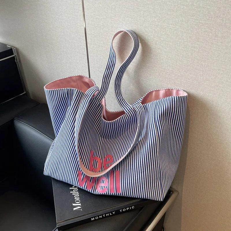 Large Capacity Tote Double-sided New Striped Casual Single Shoulder Textured Embroidered Canvas Bag for Students Oasis Select