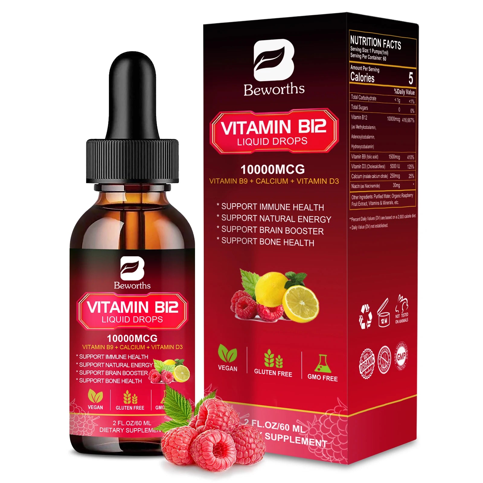 BEWORTHS Vitamin B12 Drops Energy Supplements Support Immune Health Protecting Cardiovascular Health Promote Digestion Oasis Select 60ML 1bottle United States