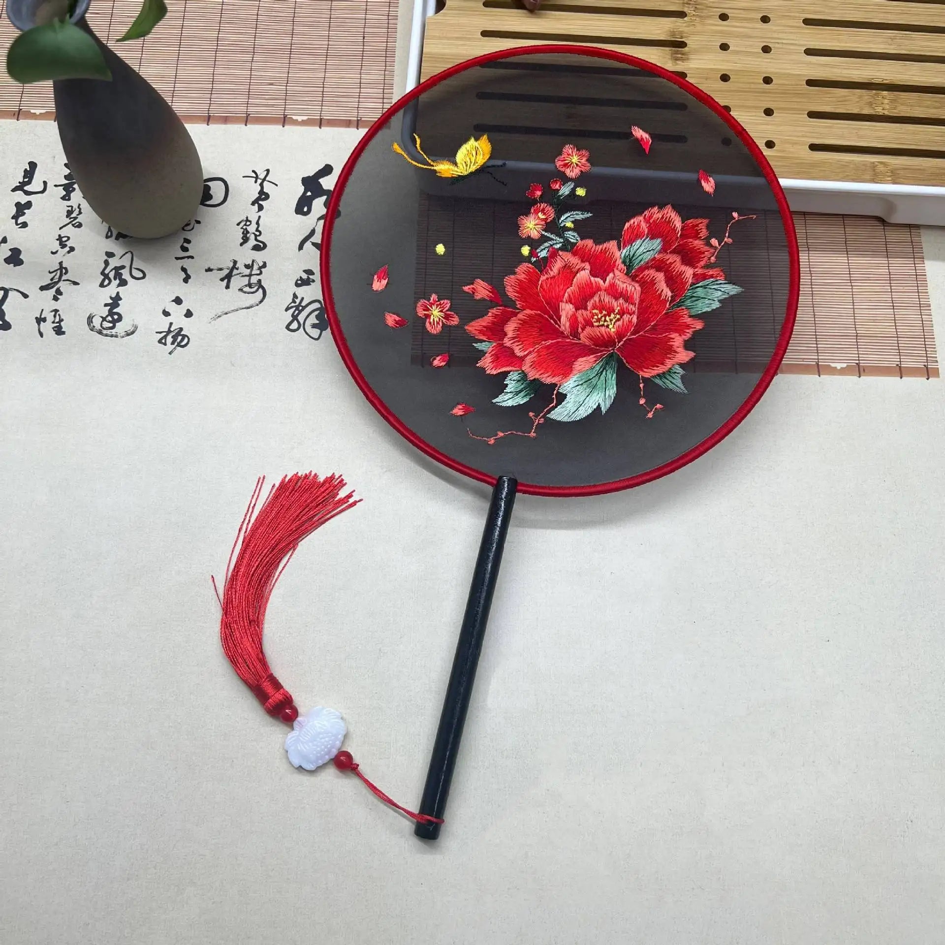 Red Flower Silk Fan Double Sided Embroidery Round Fan Chinese Palace Hanfu Hand Fan Craft Wedding Gift For Guests Home Decor Oasis Select A CHINA 1PC