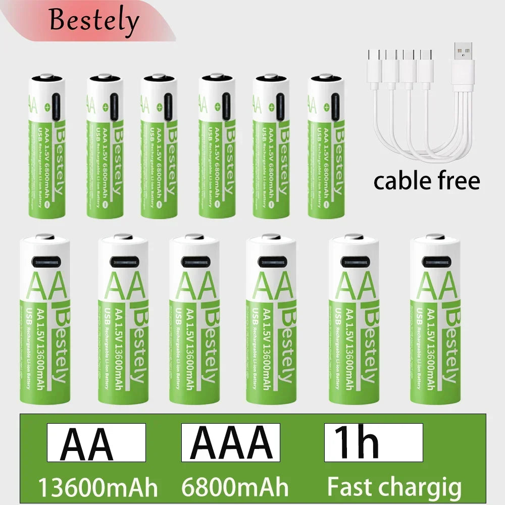 New 1.5V AA 13600mAh+AAA 6800mAh Lithium rechargeable Battery,USB Fast Charging Li-ion Battery , 2000 Cycles with USB- C Cable Oasis Select