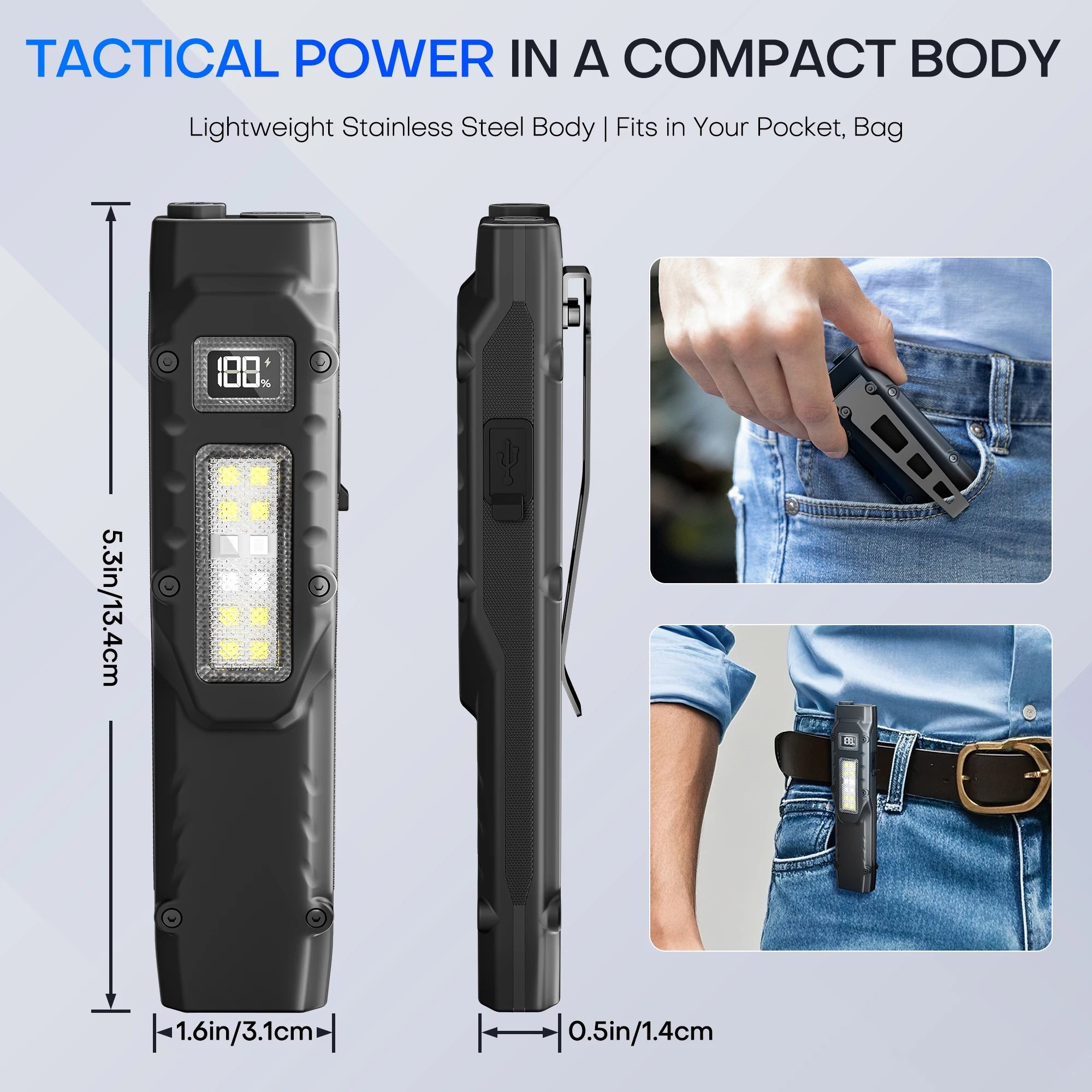 8 Modes EDC Tactical Rechargeable LED Flashlight Dual-Switches Digital Display for Camping Emergency Use Oasis Select
