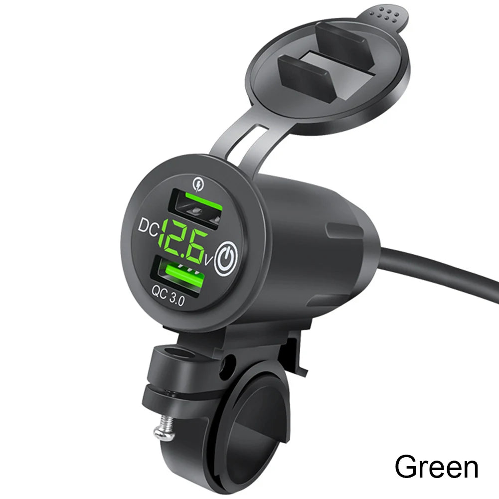 Dual QC 3.0 Waterproof Motorcycle USB Charger with Voltmeter