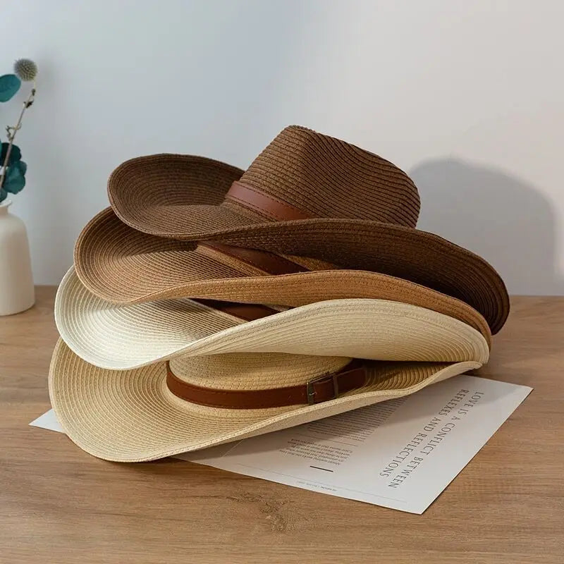 Foldable Unisex Wide Brim Straw Cowboy Hat, Sun Protection Western Cowgirl/Cowboy Hat, Summer Beach Sun Hat With Wind Lanyard Oasis Select