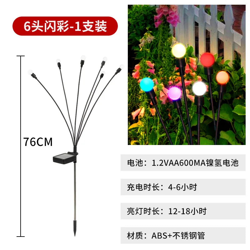 LED Waterproof Solar Firefly Light for Garden and Courtyard Ground Insertion Path Decoration Garden Decoration Oasis Select 6 head color light