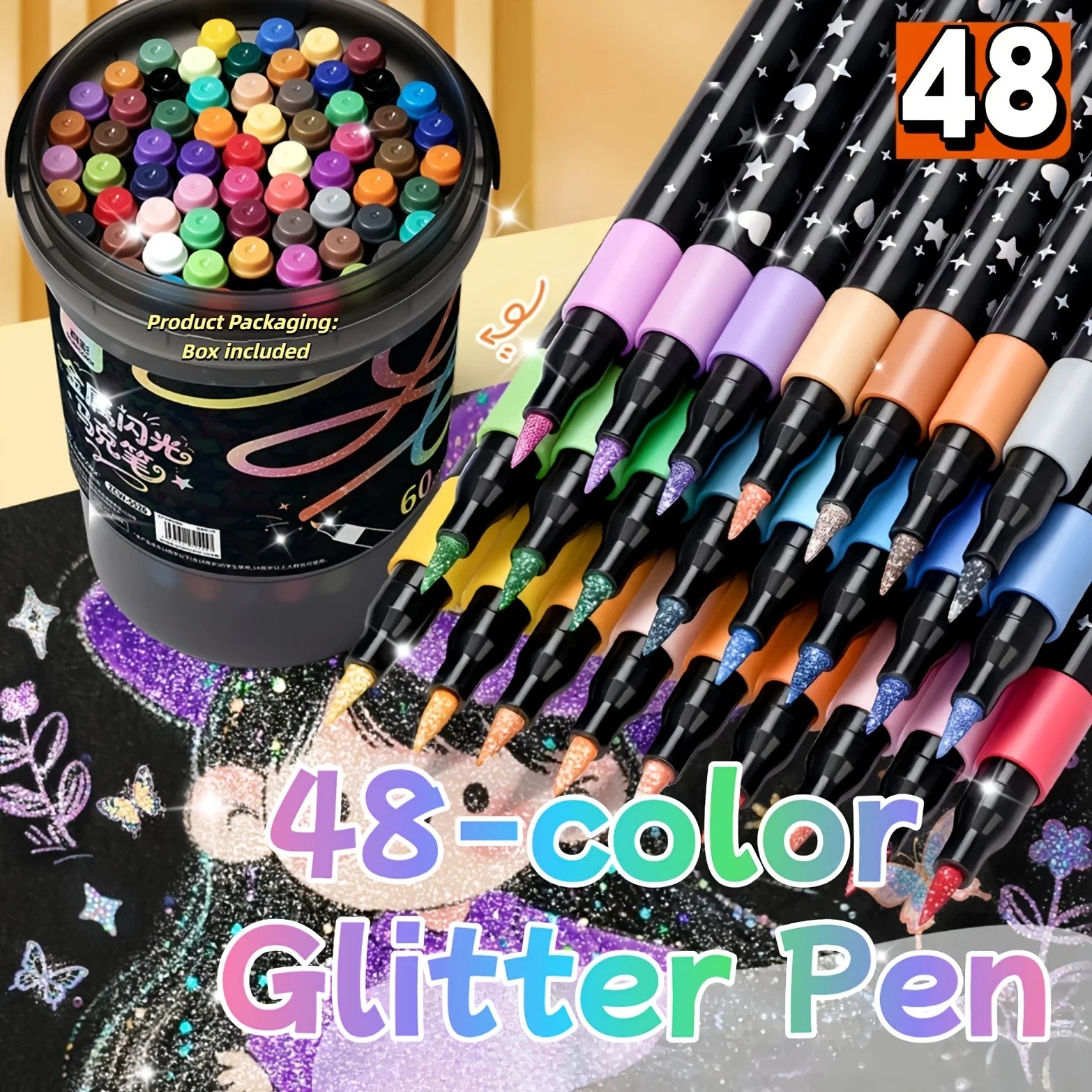 60/48/36/24/12 Color Glitter Markers Set - Water-Based Acrylic Glitter Pens for Student Art, Scrapbooking & Stationery Oasis Select 48 colors