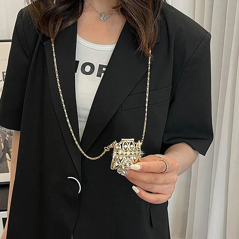Gold Silver Rhinestone Mini Bag Women's Single Shoulder Crossbody Chain Bag Handbag Body Decoration Metal Hollow Shell Bag Oasis Select