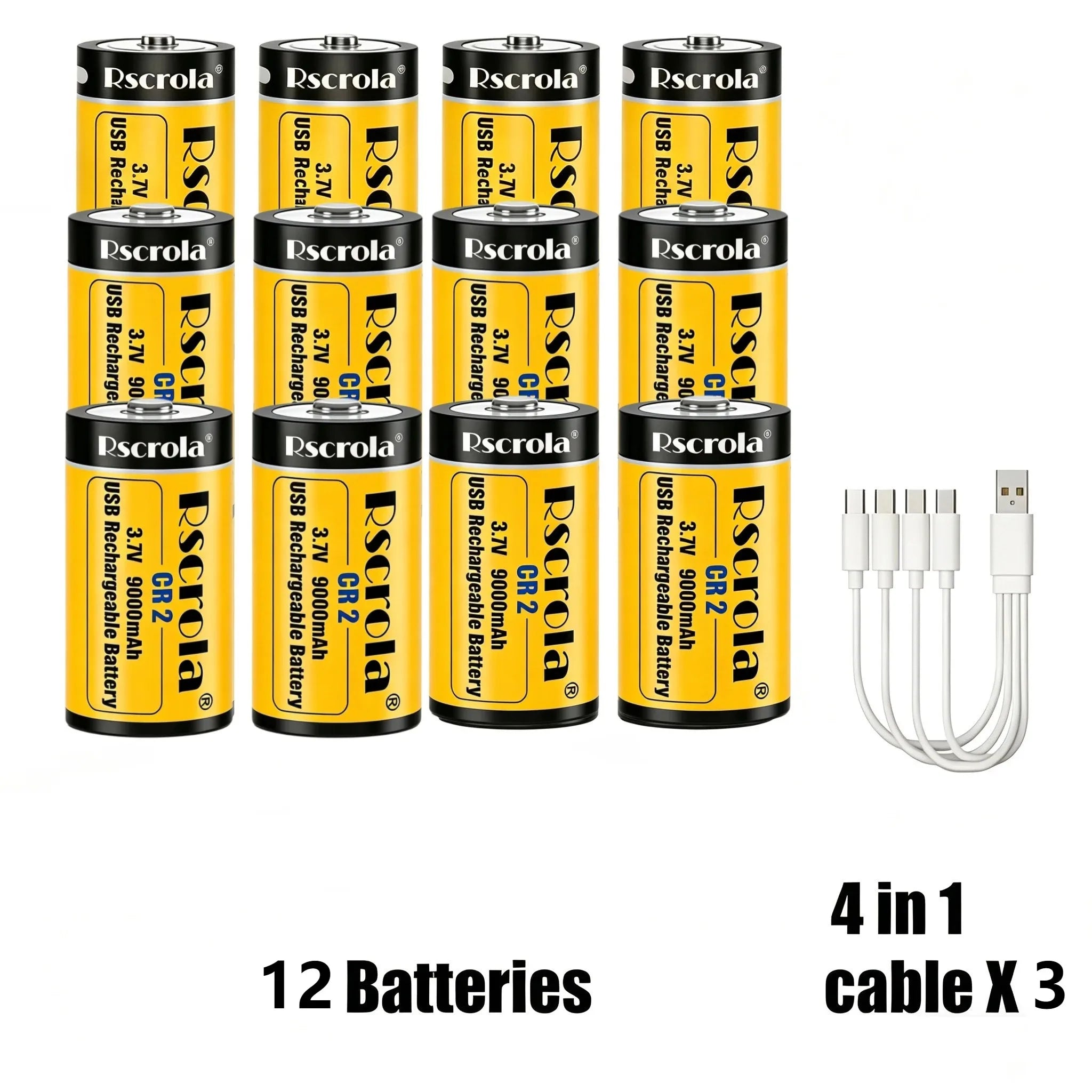 Long-Lasting CR2 Rechargeable Battery 9000mAh 3.7V, High Capacity Li-ion USB Fast Charge for GPS Camera Medical Oasis Select 12xCR2 3xCable4