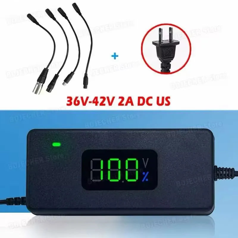 New Lithium Battery Charger 36V 42V / 48V 54.6V 2A Power Supply Adapters With Cooling Fan DC To XLR/GX12/GX16/Xiaomi Adapters Oasis Select 42V 2A DC US 4in1