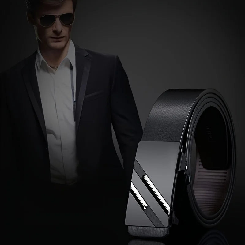 Men's belt made of synthetic leather with an automatic alloy buckle, durable and suitable for casual and semi-formal occasions. Oasis Select