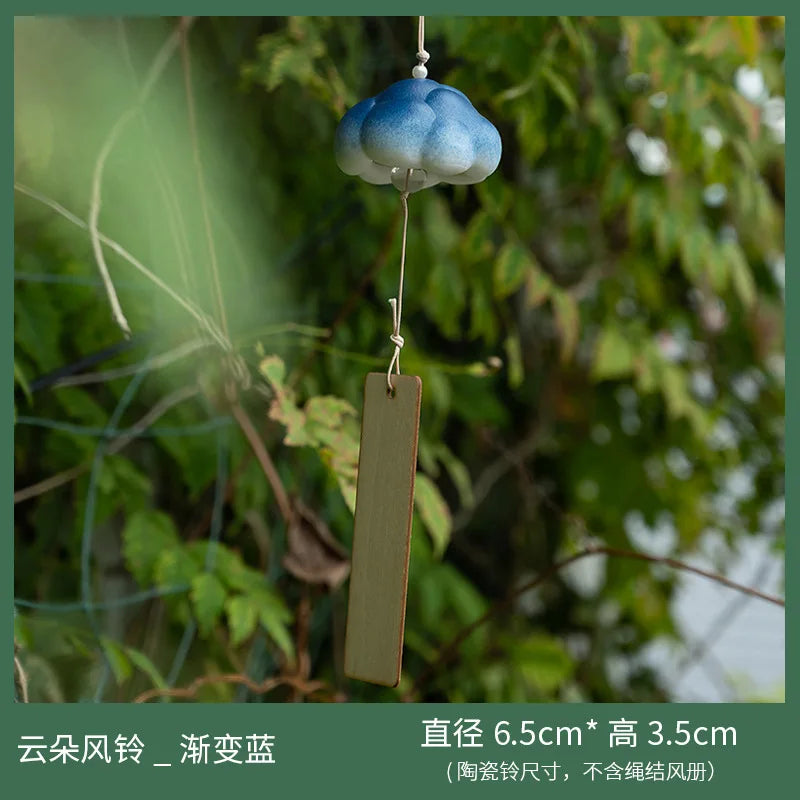 Handmade Ceramic Cloud Wind Chime Hanging Decoration - Japanese Style Wind Bell for Door, Creative and Girly Birthday Gift Oasis Select Gradual change blue 6.5x3.5